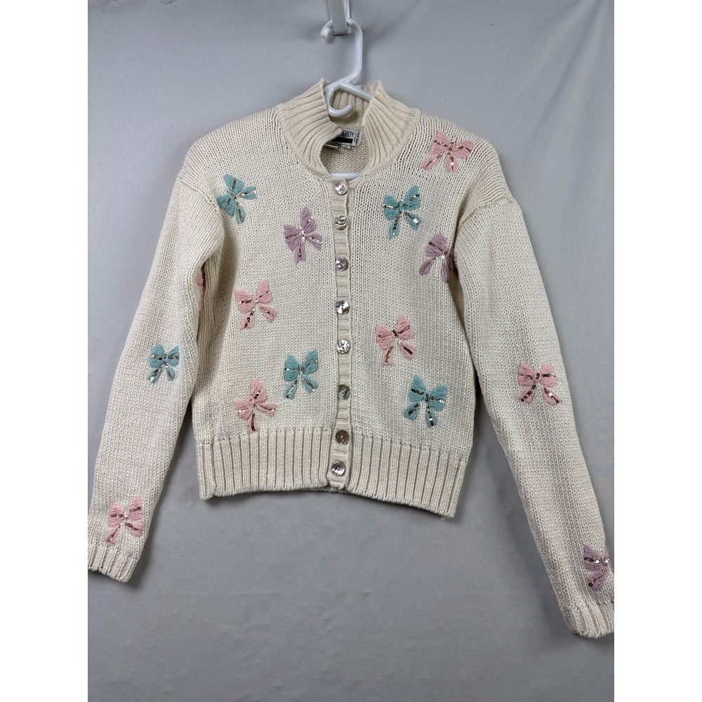Vintage Michael Seroy Cardigan Sweater Womens M Cream Pastel Bow Sequin Cottage